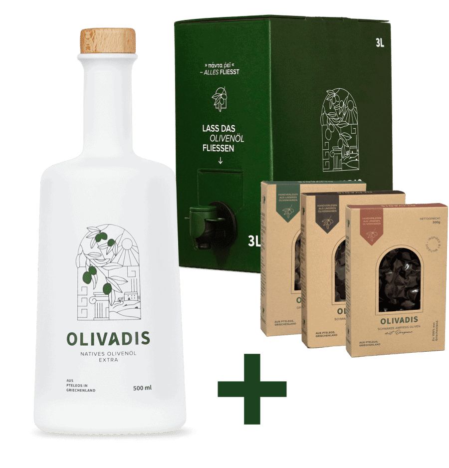 Olivenöl Box + Flasche + Snack Oliven 3x300g