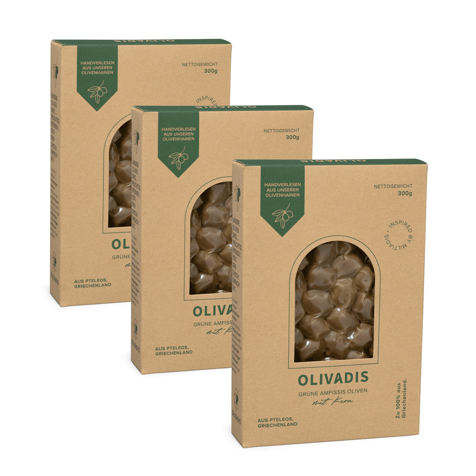 Grüne Amfissis Oliven mit Kern, 3x300g