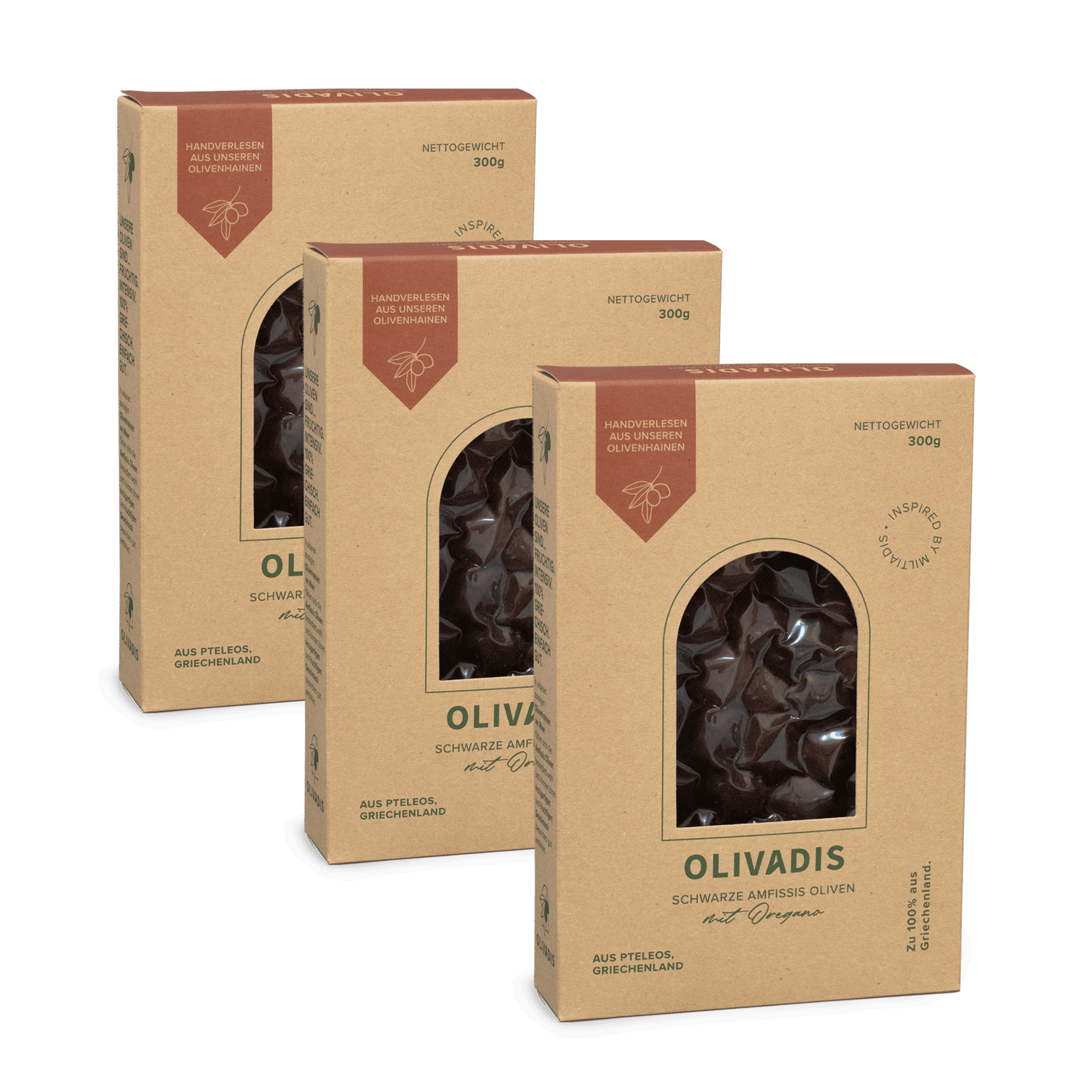 Schwarze Amfissis Oliven mit Oregano, 3x300g